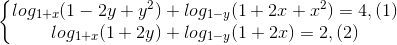 \left\{\begin{matrix} log_{1+x}(1-2y+y^{2}) +log_{1-y}(1+2x+x^{2})=4 , (1)& \\ log_{1+x}(1+2y) +log_{1-y}(1+2x)=2,(2)& \end{matrix}\right.