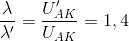 \frac{\lambda }{\lambda '}=\frac{U'_{AK}}{U_{AK}}=1,4