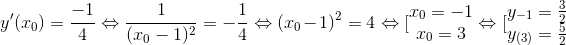 y'(x_{0})=\frac{-1}{4}\Leftrightarrow \frac{1}{(x_{0}-1)^{2}}=-\frac{1}{4}\Leftrightarrow (x_{0}-1)^{2}=4\Leftrightarrow [\begin{matrix} x_{0}=-1 & \\ x_{0}=3 & \end{matrix}\Leftrightarrow [\begin{matrix} y_{-1}=\frac{3}{2} & \\ y_{(3)}=\frac{5}{2} & \end{matrix}