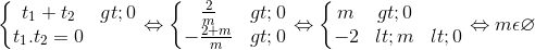 \left\{\begin{matrix} t_{1}+t_{2}>0 & \\ t_{1}.t_{2}=0 & \end{matrix}\right.\Leftrightarrow \left\{\begin{matrix} \frac{2}{m}>0 & \\ -\frac{2+m}{m}>0 & \end{matrix}\right.\Leftrightarrow \left\{\begin{matrix} m>0 & \\ -2<m<0 & \end{matrix}\right.\Leftrightarrow m\epsilon \varnothing