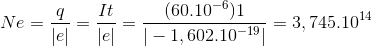 Ne=\frac{q}{|e|}=\frac{It}{|e|}=\frac{(60.10^{-6})1}{|-1,602.10^{-19}|}=3,745.10^{14}
