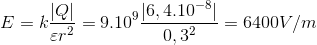 E=k\frac{\left | Q \right |}{\varepsilon r^{2}}=9.10^{9}\frac{\left | 6,4.10^{-8} \right |}{0,3^{2}}=6400V/m