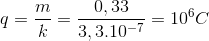q=\frac{m}{k}=\frac{0,33}{3,3.10^{-7}}=10^{6}C