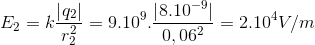 E_{2}=k\frac{\left | q_{2} \right |}{r_{2}^{2}}=9.10^{9}.\frac{\left | 8.10^{-9} \right |}{0,06^{2}}=2.10^{4}V/m
