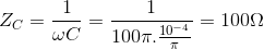 Z_{C}=\frac{1}{\omega C}=\frac{1}{100\pi .\frac{10^{-4}}{\pi }}=100\Omega