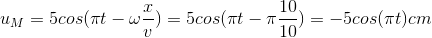 u_{M}=5cos(\pi t-\omega \frac{x}{v})=5cos(\pi t-\pi \frac{10}{10})=-5cos(\pi t)cm