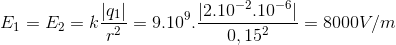 E_{1}=E_{2}=k\frac{\left | q_{1} \right |}{r^{2}}=9.10^{9}.\frac{\left | 2.10^{-2}.10^{-6} \right |}{0,15^{2}}=8000V/m