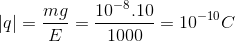 \left | q \right |=\frac{mg}{E}=\frac{10^{-8}.10}{1000}=10^{-10}C