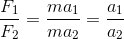 \frac{F_{1}}{F_{2}}=\frac{ma_{1}}{ma_{2}}=\frac{a_{1}}{a_{2}}