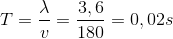 T=\frac{\lambda }{v}=\frac{3,6}{180}=0,02s