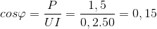 cos\varphi =\frac{P}{UI}=\frac{1,5}{0,2.50}=0,15