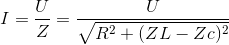 I=\frac{U}{Z}=\frac{U}{\sqrt{R^{2}+(ZL-Zc)^{2}}}