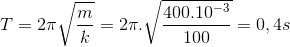T=2\pi \sqrt{\frac{m}{k}}=2\pi .\sqrt{\frac{400.10^{-3}}{100}}=0,4s