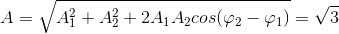 A=\sqrt{A_{1}^{2}+A_{2}^{2}+2A_{1}A_{2}cos(\varphi _{2}-\varphi _{1})}=\sqrt{3}