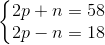 \left\{\begin{matrix} 2p+n=58 & \\ 2p-n=18 & \end{matrix}\right.