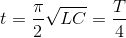 t=\frac{\pi }{2}\sqrt{LC}=\frac{T}{4}