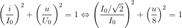 \left ( \frac{i}{I_{0}} \right )^{2}+\left ( \frac{u}{U_{0}} \right )^{2}=1\Leftrightarrow \left ( \frac{I_{0}/\sqrt{2}}{I_{0}} \right )^{2}+\left ( \frac{u}{8} \right )^{2}=1