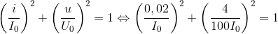 \left ( \frac{i}{I_{0}} \right )^{2}+\left ( \frac{u}{U_{0}} \right )^{2}=1\Leftrightarrow \left ( \frac{0,02}{I_{0}} \right )^{2}+\left ( \frac{4}{100I_{0}} \right )^{2}=1