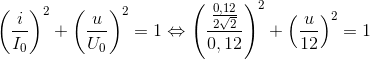 \left ( \frac{i}{I_{0}} \right )^{2}+\left ( \frac{u}{U_{0}} \right )^{2}=1 \Leftrightarrow \left ( \frac{\frac{0,12}{2\sqrt{2}}}{0,12} \right )^{2}+ \left ( \frac{u}{12} \right )^{2}=1