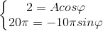\left\{\begin{matrix} 2=Acos\varphi \\ 20\pi =-10\pi sin\varphi \end{matrix}\right.