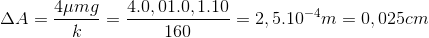 \Delta A=\frac{4\mu mg}{k}=\frac{4.0,01.0,1.10}{160}=2,5.10^{-4}m=0,025cm