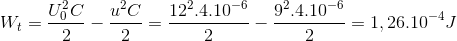 W_{t}=\frac{U_{0}^{2}C}{2}-\frac{u^{2}C}{2}=\frac{12^{2}.4.10^{-6}}{2}-\frac{9^{2}.4.10^{-6}}{2}=1,26.10^{-4}J