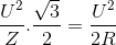 \frac{U^{2}}{Z}.\frac{\sqrt{3}}{2}=\frac{U^{2}}{2R}