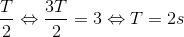 \frac{T}{2}\Leftrightarrow \frac{3T}{2}=3\Leftrightarrow T=2s