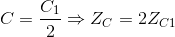 C=\frac{C_{1}}{2}\Rightarrow Z_{C}=2Z_{C1}