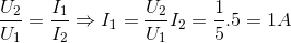 \frac{U_{2}}{U_{1}}=\frac{I_{1}}{I_{2}}\Rightarrow I_{1}=\frac{U_{2}}{U_{1}}I_{2}=\frac{1}{5}.5=1A