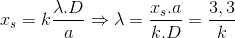 x_{s}=k\frac{\lambda .D}{a}\Rightarrow \lambda =\frac{x_{s}.a}{k.D}=\frac{3,3}{k}