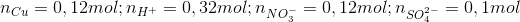 n_{Cu}=0,12mol ; n_{H^{+}}=0,32mol ; n_{NO_{3}^{-}}=0,12mol;n_{SO_{4}^{2-}}=0,1mol