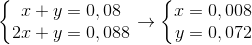 \left\{\begin{matrix} x+y=0,08\\ 2x+y=0,088 \end{matrix}\right.\rightarrow \left\{\begin{matrix} x=0,008\\ y=0,072 \end{matrix}\right.