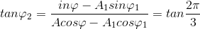 tan\varphi _{2}=\frac{Áin\varphi -A_{1}sin\varphi _{1}}{Acos\varphi -A_{1}cos\varphi _{1}}=tan\frac{2\pi }{3}