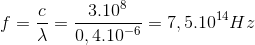 f=\frac{c}{\lambda }=\frac{3.10^{8}}{0,4.10^{-6}}=7,5.10^{14}Hz