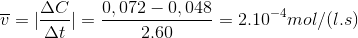 \overline{v}=|\frac{\Delta C}{\Delta t}|=\frac{0,072-0,048}{2.60}=2.10^{-4}mol/(l.s)