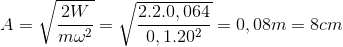 A=\sqrt{\frac{2W}{m\omega ^{2}}}=\sqrt{\frac{2.2.0,064}{0,1.20^{2}}}=0,08m=8cm