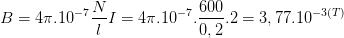 \dpi{100} B=4\pi .10^{-7}\frac{N}{l}I=4\pi .10^{-7}.\frac{600}{0,2}.2=3,77.10^{-3 (T)}