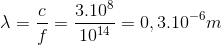 \lambda =\frac{c}{f}=\frac{3.10^{8}}{10^{14}}=0,3.10^{-6}m