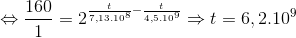 \Leftrightarrow \frac{160}{1}=2^{\frac{t}{7,13.10^{8}}-\frac{t}{4,5.10^{9}}}\Rightarrow t=6,2.10^{9}