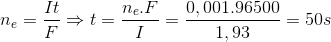 n_{e}=\frac{It}{F}\Rightarrow t=\frac{n_{e}.F}{I}=\frac{0,001.96500}{1,93}=50s