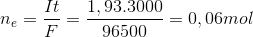 n_{e}=\frac{It}{F}=\frac{1,93.3000}{96500}=0,06mol