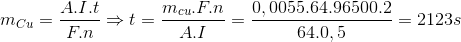 m_{Cu}=\frac{A.I.t}{F.n}\Rightarrow t=\frac{m_{cu}.F.n}{A.I}=\frac{0,0055.64.96500.2}{64.0,5}=2123s