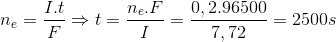 n_{e}=\frac{I.t}{F}\Rightarrow t=\frac{n_{e}.F}{I}=\frac{0,2.96500}{7,72}=2500s