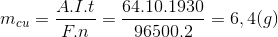 m_{cu}=\frac{A.I.t}{F.n}=\frac{64.10.1930}{96500.2}=6,4(g)