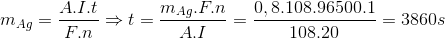 m_{Ag}=\frac{A.I.t}{F.n}\Rightarrow t=\frac{m_{Ag}.F.n}{A.I}=\frac{0,8.108.96500.1}{108.20}=3860s