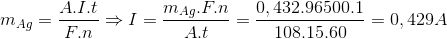 m_{Ag}=\frac{A.I.t}{F.n}\Rightarrow I=\frac{m_{Ag}.F.n}{A.t}=\frac{0,432.96500.1}{108.15.60}=0,429A