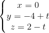 \left\{\begin{matrix} x= 0 & & \\ y = -4 + t & & \\ z= 2-t & & \end{matrix}\right.