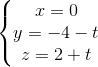 \left\{\begin{matrix} x= 0 & & \\ y = -4 - t & & \\ z= 2+t & & \end{matrix}\right.