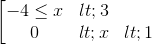 \left [\begin{matrix} -4\leq x<3 & \\ 0<x< 1 & \end{matrix}